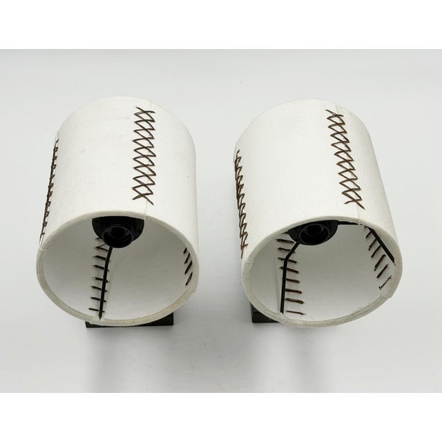 Paul Marra Bronze Finish Wall Sconces With Hand-Stitched Linen Shades - a Pair For Sale - Image 11 of 18