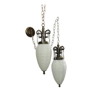 Vintage Hollywood Regency White Dual Hanging Swag Lamps Art Glass Vanity Ceiling or Wall Lights - Set of 2