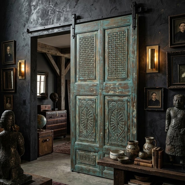1920s Antique Teal Hand-Carved Wooden Door – Floral Geometric Barn Door Panel 80x38.25 For Sale - Image 5 of 5