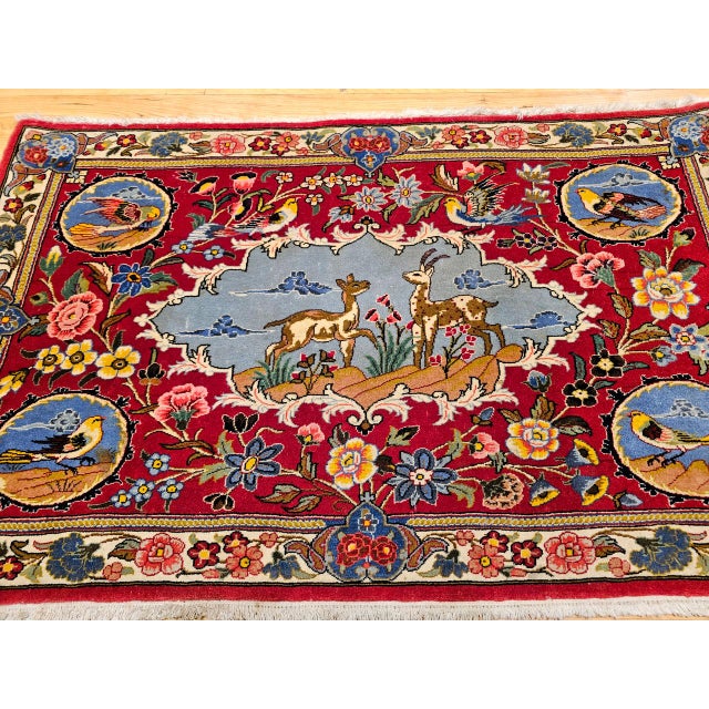 Vintage Persian Tabriz Pictorial Rug, Hand-Knotted Wool & Silk, Forest Scene, Red & Blue, 2x3 For Sale - Image 10 of 15
