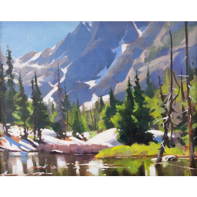 Dream Lake by Judd Mercer | Oil Painting of a serene lake surrounded by mountains and trees For Sale
