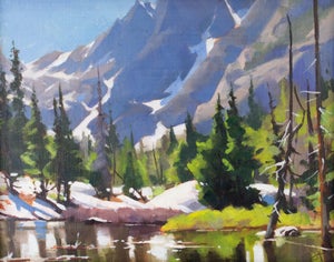 Dream Lake by Judd Mercer | Oil Painting of a serene lake surrounded by mountains and trees