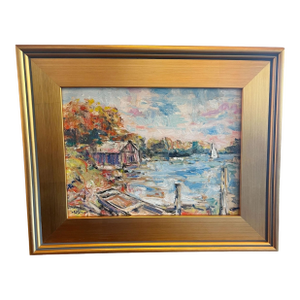 Impressionist Lake Boathouse Painting Signed Mortensen