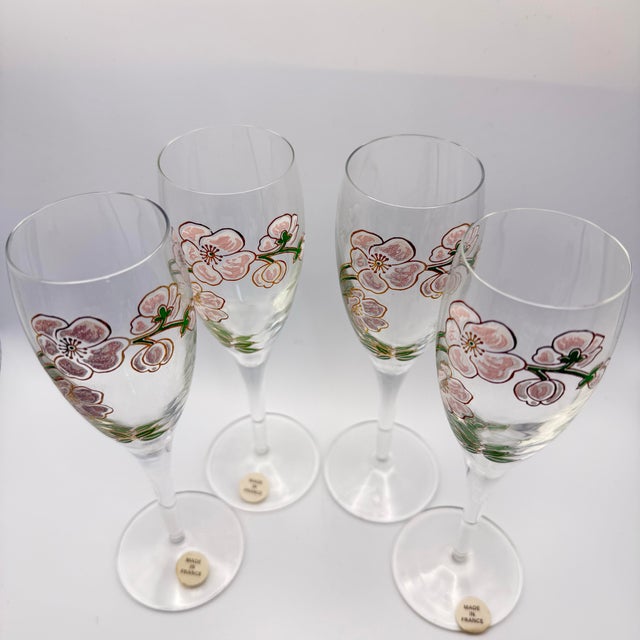1990s Pierre Jouet France Époque Art Nouveau Crystal Champagne Flutes Pink Flowers - Set of 4 For Sale - Image 10 of 11