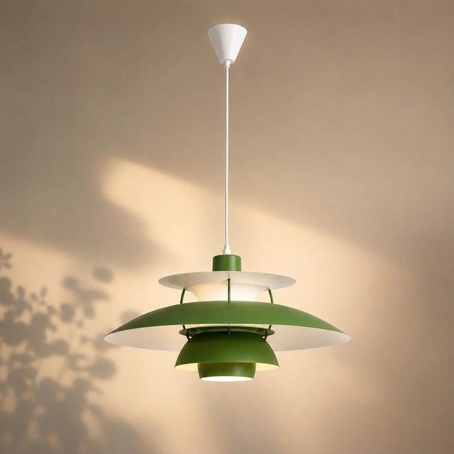 Mid-Century Modern Danish Modern Green Pendant Light, Mid Century Layered Ceiling Lamp, Brass Scandinavian Hanging Light, Retro Dining Room Fixture For Sale - Image 3 of 6
