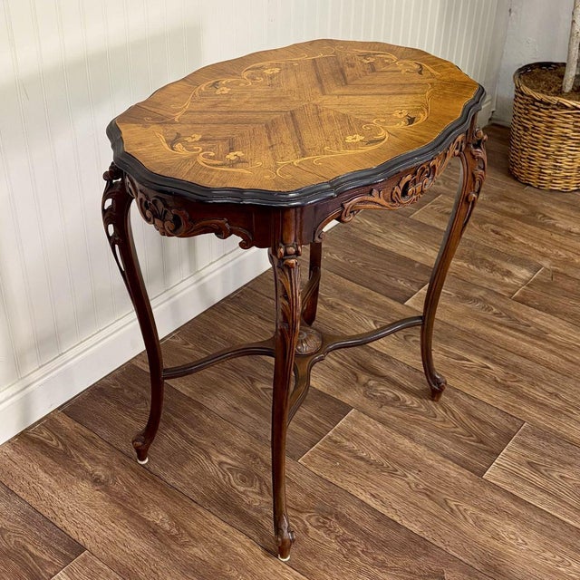 French Provincial Vintage Louis XV Style Marquetry Side Table For Sale - Image 3 of 16