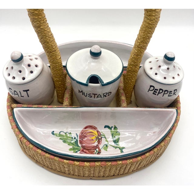 1950s Mid-Century Hand Painted Italian Pottery Condiment Relish Caddy/Basket Server- 7 Pieces For Sale - Image 5 of 13