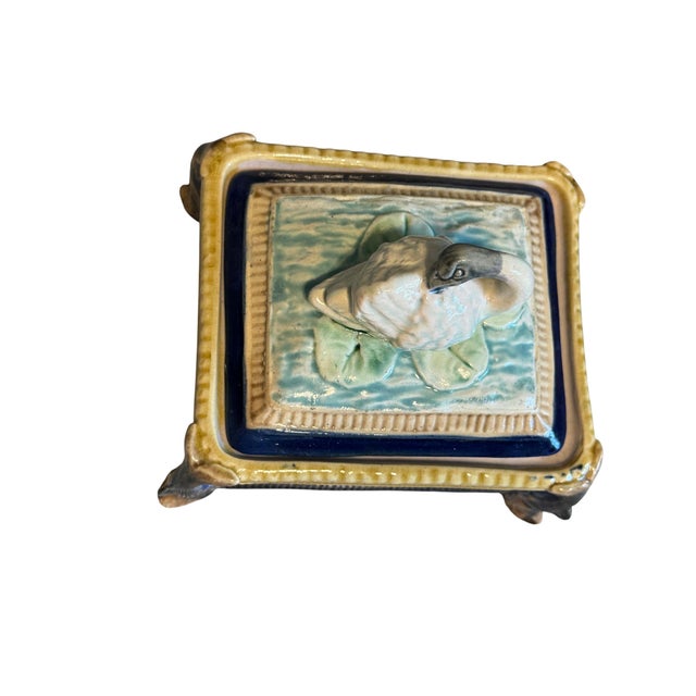1900 - 1909 Circa 1900 English Majolica Swan Finial Sardine Box For Sale - Image 5 of 13