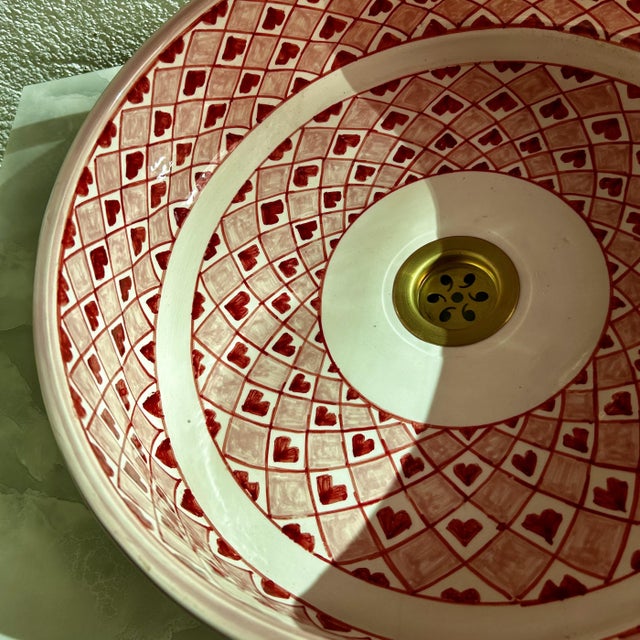 Moroccan Modern Hearts Pink Ceramic Vessel Sink With Brass Drain For Sale - Image 6 of 9