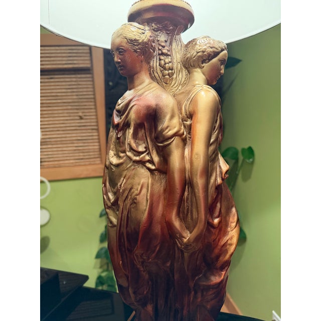 1950s 1950 Hollywood Regency Gold Bronze Tone "Three Graces" Heavy Lamp. Purple Silk Shade. Base 34”x12”. Shade 10”x16”. Style of Tony Duquette For Sale - Image 5 of 11