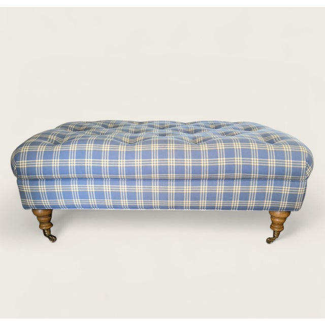 French Country English Traditional Style Plaid Tufted Cocktail Ottoman With Brass Castors For Sale - Image 3 of 9