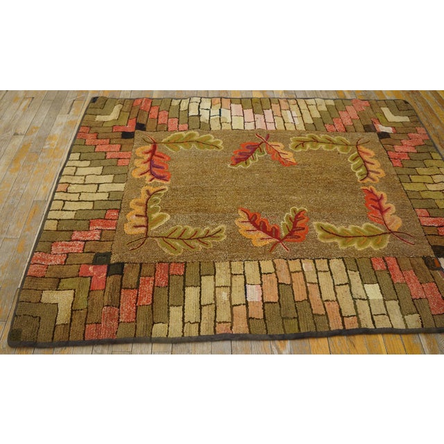 American 1890s Green Asparagus Foliate Antique American Hooked Rug 4' 3" X 5' 8" Handknotted Wool Carpet For Sale - Image 3 of 6