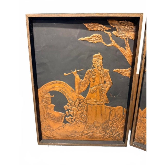 Vintage Mid-Century Asian Copper Repoussé Wall Plaques - A Pair For Sale - Image 4 of 10