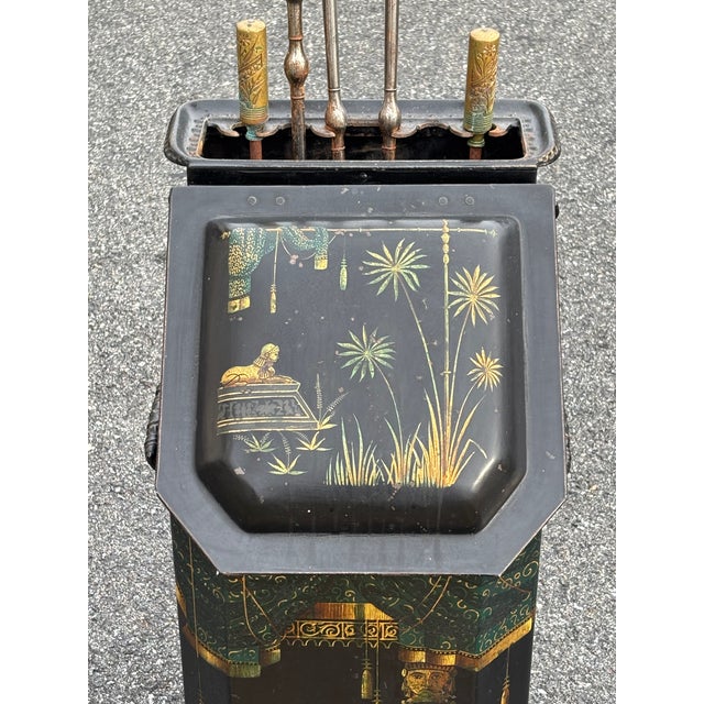 Late 19th C. Chinoiserie Shepard & Co. Antique Hand Painted Brass Trim Coal Scuttle With Integrated Fireplace Tools For Sale - Image 4 of 17