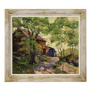 Barn in the Shade - Original Mid-Century Oil on Canvas Farm Landscape by Claude Wolf