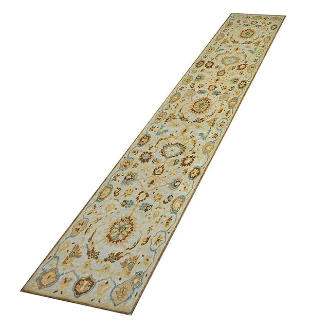 Persian Sultanabad Wool 3x10 Ivory, Light Blue & Gold Handmade Runner Rug #1143675