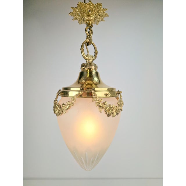 Vintage French Brass Ceiling Lamp with Sanded Glass Shade, 1950s For Sale - Image 10 of 13