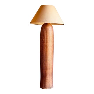 1930s Vintage Wicker Rattan Conical Barrel Cactus Floor Lamp With Oversized Linen Shade For Sale