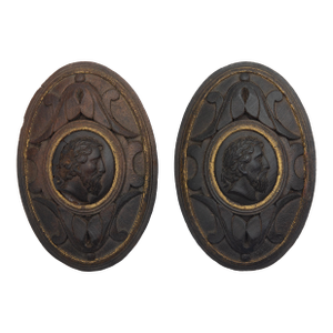 Grand Tour Carved Walnut Portraits of Roman or Greek Men 19th Century Tiebacks