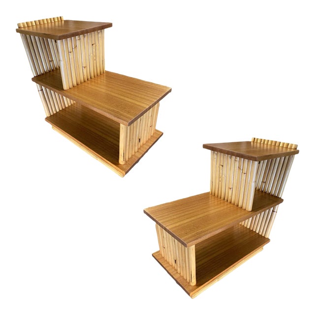 Restored Mid-Century Vertically Stacked Geometric Rattan Side Table With Mahogany Tops For Sale