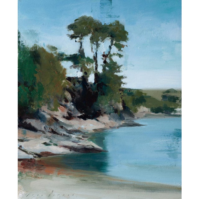 Late Summer Light on Cornwall Cove by Jon Doran | Oil on panel Landscape of a coastal cove with trees. For Sale