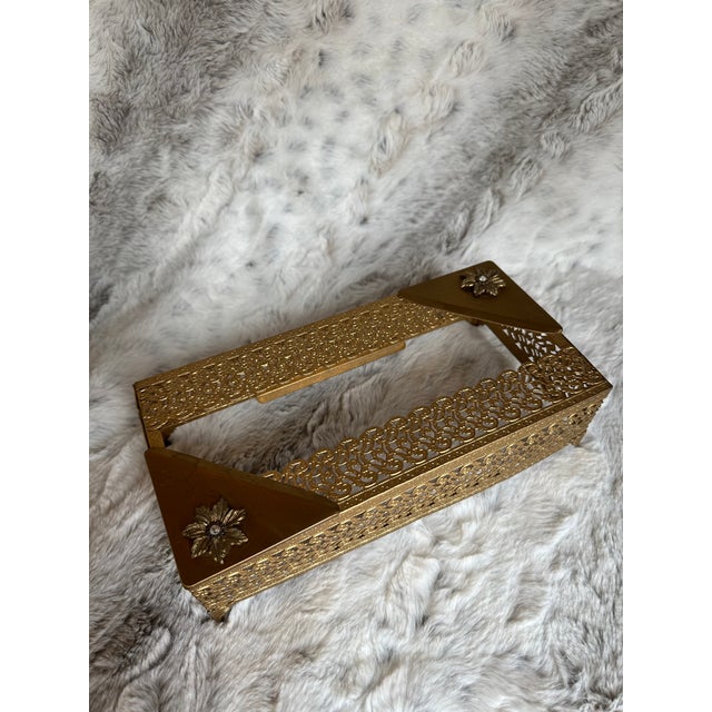 Vintage Gold Tone Filigree Metal Tissue Box Cover For Sale - Image 6 of 11
