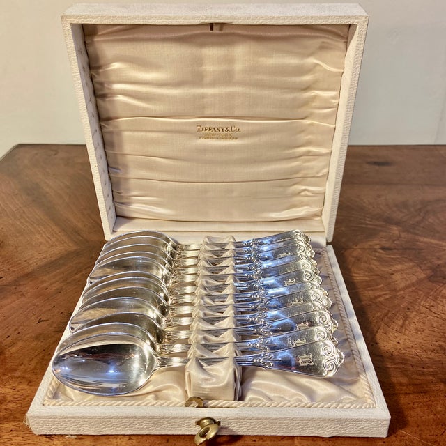 Antique White Set of 12 Antique Tiffany & Co. Sterling Silver "Beekman" Pattern Spoons in Original Box Pat., 1868 For Sale - Image 8 of 8