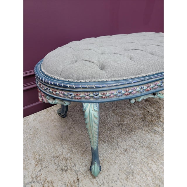 1970s French Provincial Living Room Set | Hand Carved Baroque Sofa & Armchairs | Blue and Rose Gold Ornate Tufted 4-Piece Set For Sale - Image 16 of 18