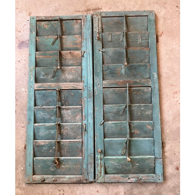 1900's French Robins Egg Blue Painted Wooden Window Shutters /Pr For Sale - Image 4 of 8