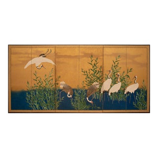 Meiji Era Monumental Yamato-E Screen With Red-Crowned and Sandhill Cranes For Sale