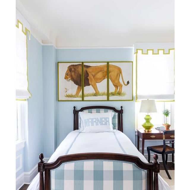 One complete Louis J. Solomon Bed frame (headboard, footboard & rails) Louis XVI style bed with gingham upholstered...