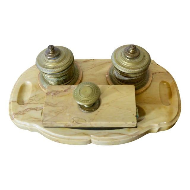 French Brass and Marble Desk Inkwell Stand, Set of 6 For Sale