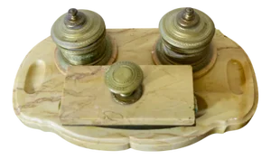 French Brass and Marble Desk Inkwell Stand, Set of 6