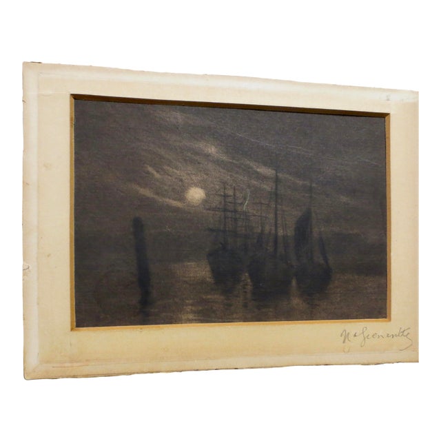 Pencil Drawing of Ships by Night Signed Nafienntle For Sale