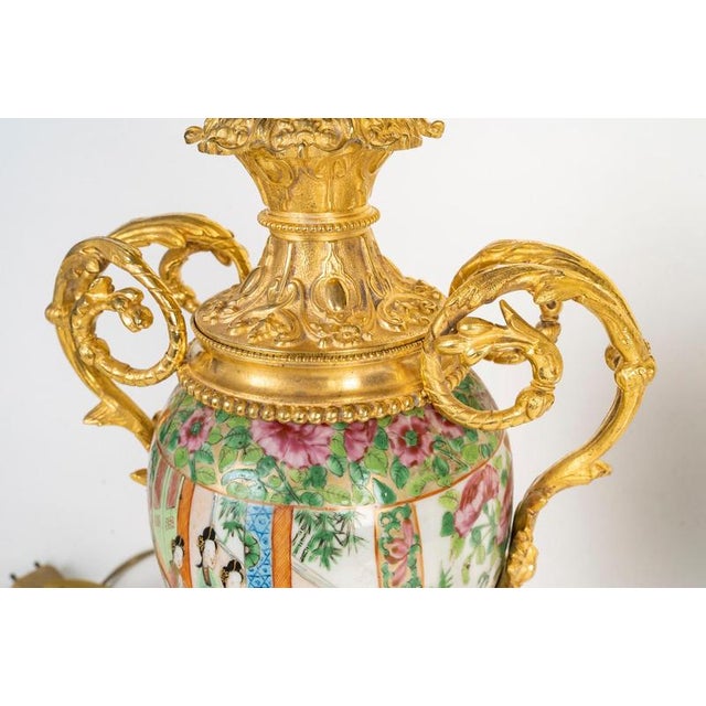 Canton Porcelain and Gilt Bronze Oil Lamps, Set of 2 For Sale - Image 4 of 6