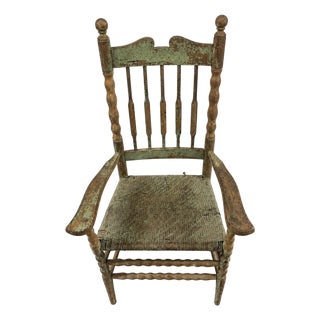 Vintage American Primitive Distressed Green Spindle-Back Rush-Seat Armchair For Sale