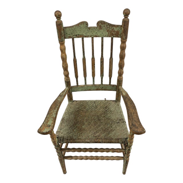Vintage American Primitive Distressed Green Spindle-Back Rush-Seat Armchair For Sale