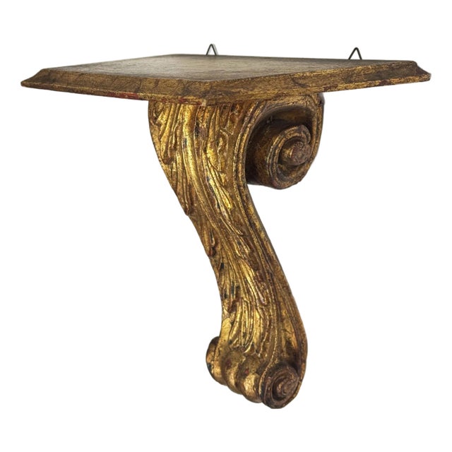 Vintage Gilt Wood Scrolled Acanthus Leaf Wall Shelf For Sale