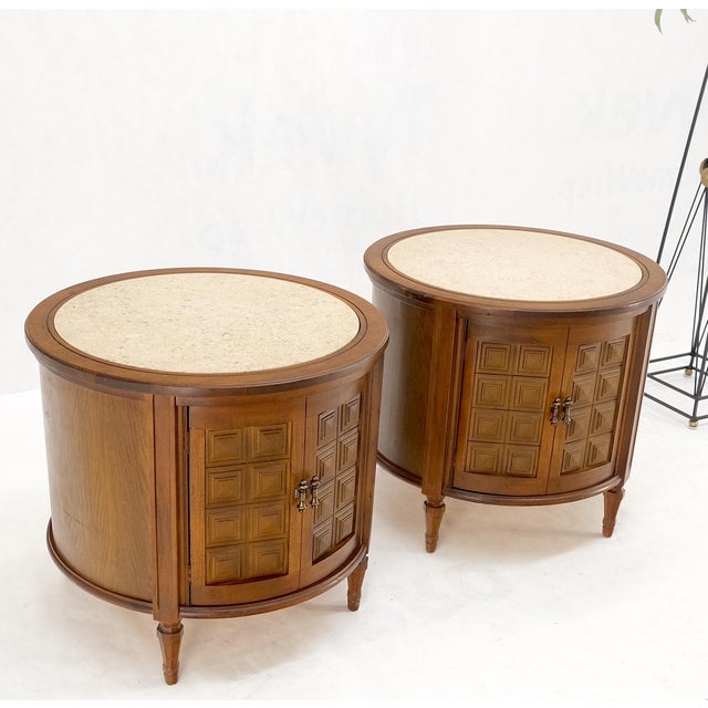 Pair Round Drum Barrel Shape Travertine Top Two Doors End Side Tables Stand Mint For Sale - Image 11 of 13