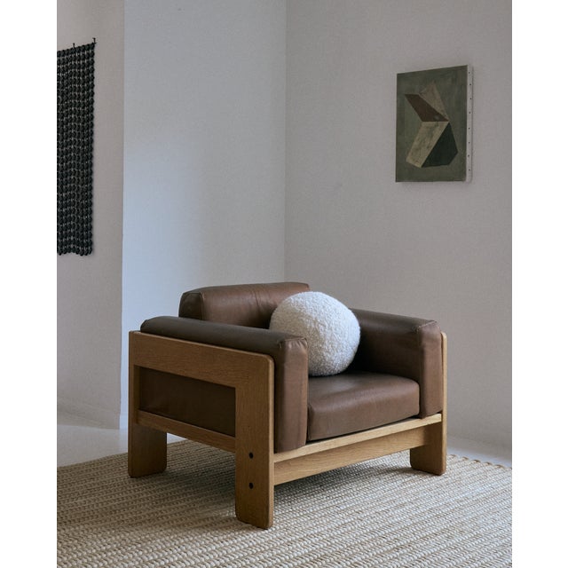 Knoll Mid 20th Century Pair of Vintage Mid-Century Modern Bastiano Armchairs Attributed to Tobia Scarpa for Knoll Blonde Oak Wood / Brown Leather For Sale - Image 4 of 14