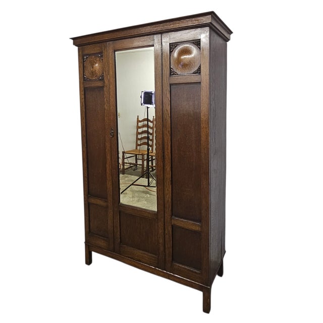 Traditional Arts & Crafts Carved Oak Wardrobe Armoire With Mirror Door, 76" For Sale - Image 3 of 15