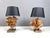 Unique mid century pair of large table lamps with a nice patinated brass base supporting two beautiful large stone rose...