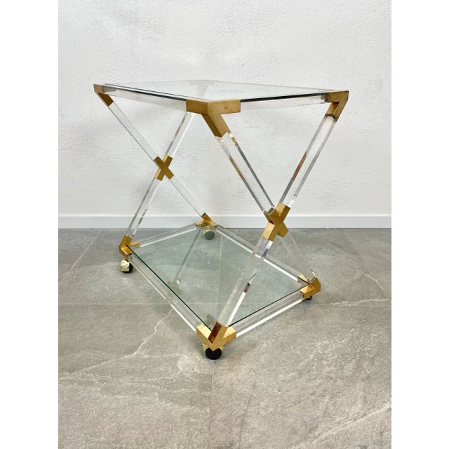 1970s Acrylic Brass & Glass Serving Cart, Italy, 1970s For Sale - Image 5 of 13