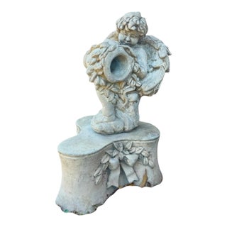 Late 20th Century Cast Stone Garden Fountain Statue Pedestal – Romantic European Garden Accent With Incisive Signature Detail For Sale