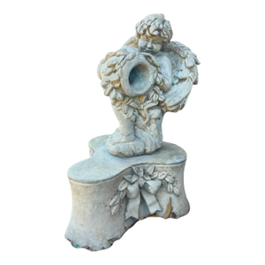 Late 20th Century Cast Stone Garden Fountain Statue Pedestal – Romantic European Garden Accent With Incisive Signature Detail