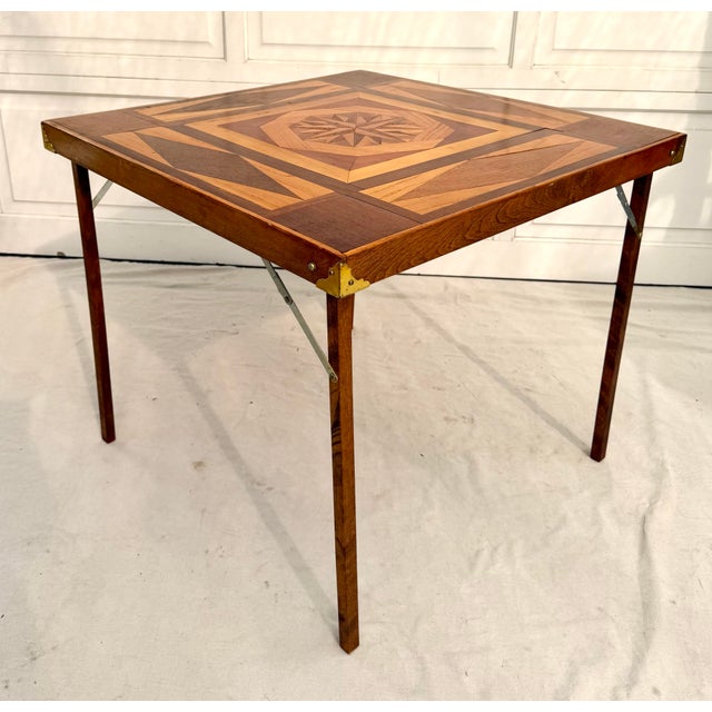 Vintage Handcrafted Folding Game Table With Marquetry Compass Star Top For Sale - Image 10 of 12