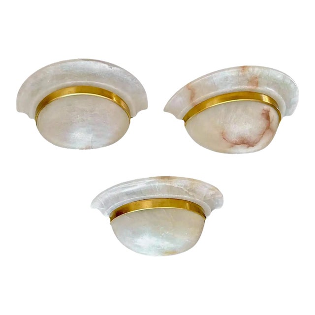 Set 3 Half Moon Alabaster & Brass Wall Light Sconces For Sale