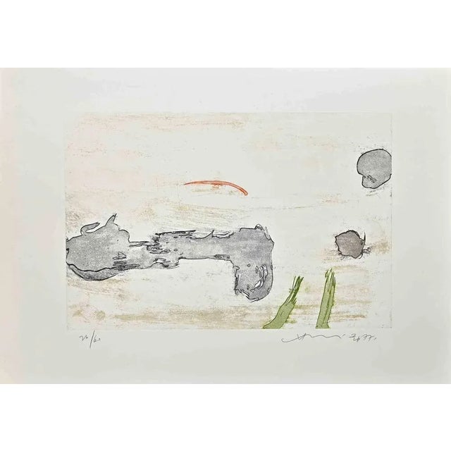 Abstract composition is a colored etching realized by Hsiao Chin in 1977. The artwork is hand-signed and dated in pencil...