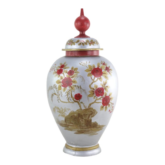 Stunning Handcrafted Metal Shogun Jar Hand Painted Chinoiserie Bird and Flower Pattern For Sale