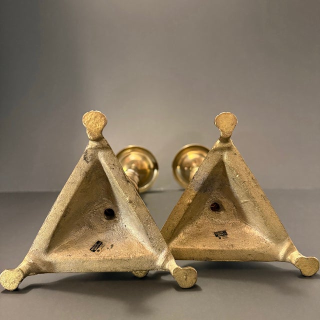 Pair of Brass Mid Century Candlesticks With Triangular Base For Sale In Atlanta - Image 6 of 7